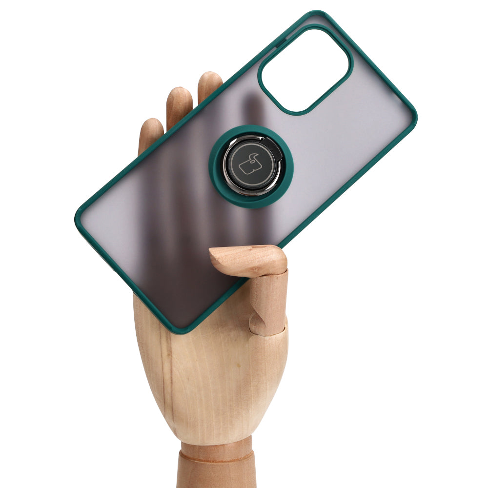 Handyhülle mit Fingergriff für Xiaomi Pocophone F5, Bizon Case Hybrid Ring, getönt mit dunkelgrünem Rahmen
