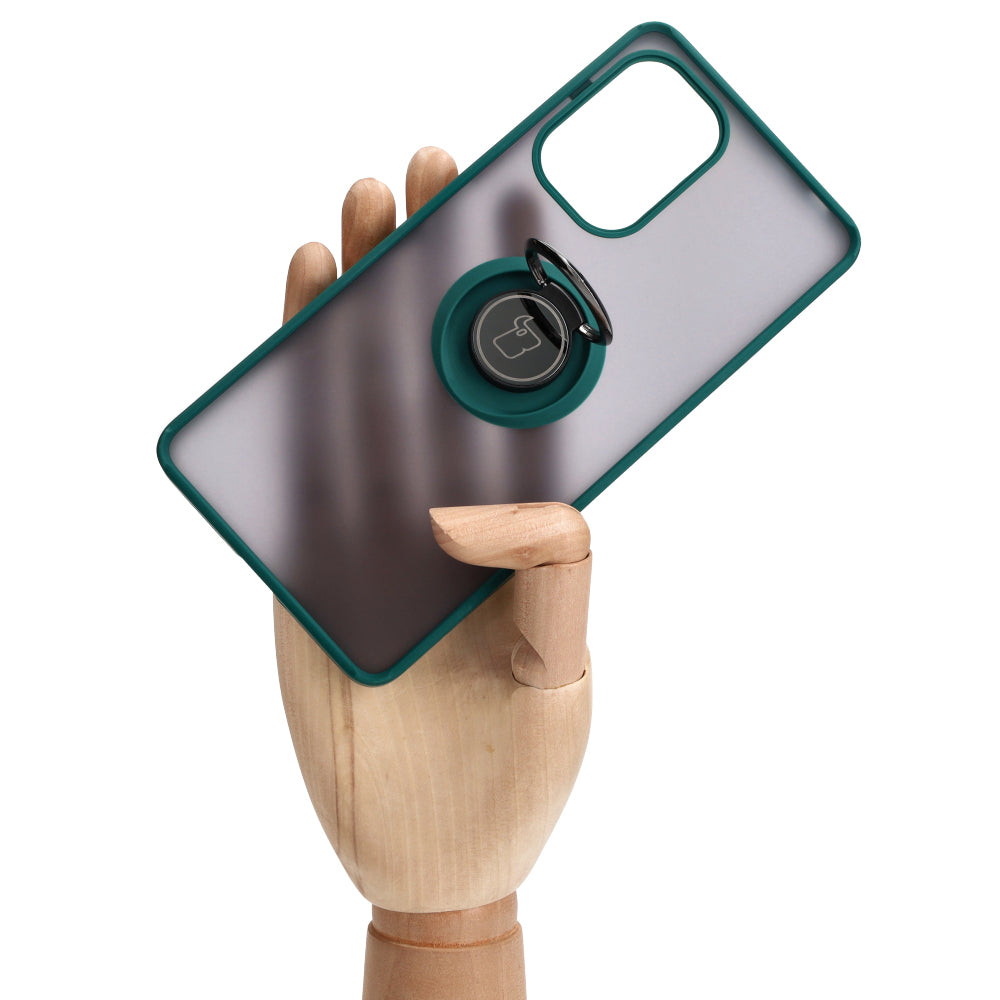 Handyhülle mit Fingergriff für Xiaomi Pocophone F5, Bizon Case Hybrid Ring, getönt mit dunkelgrünem Rahmen