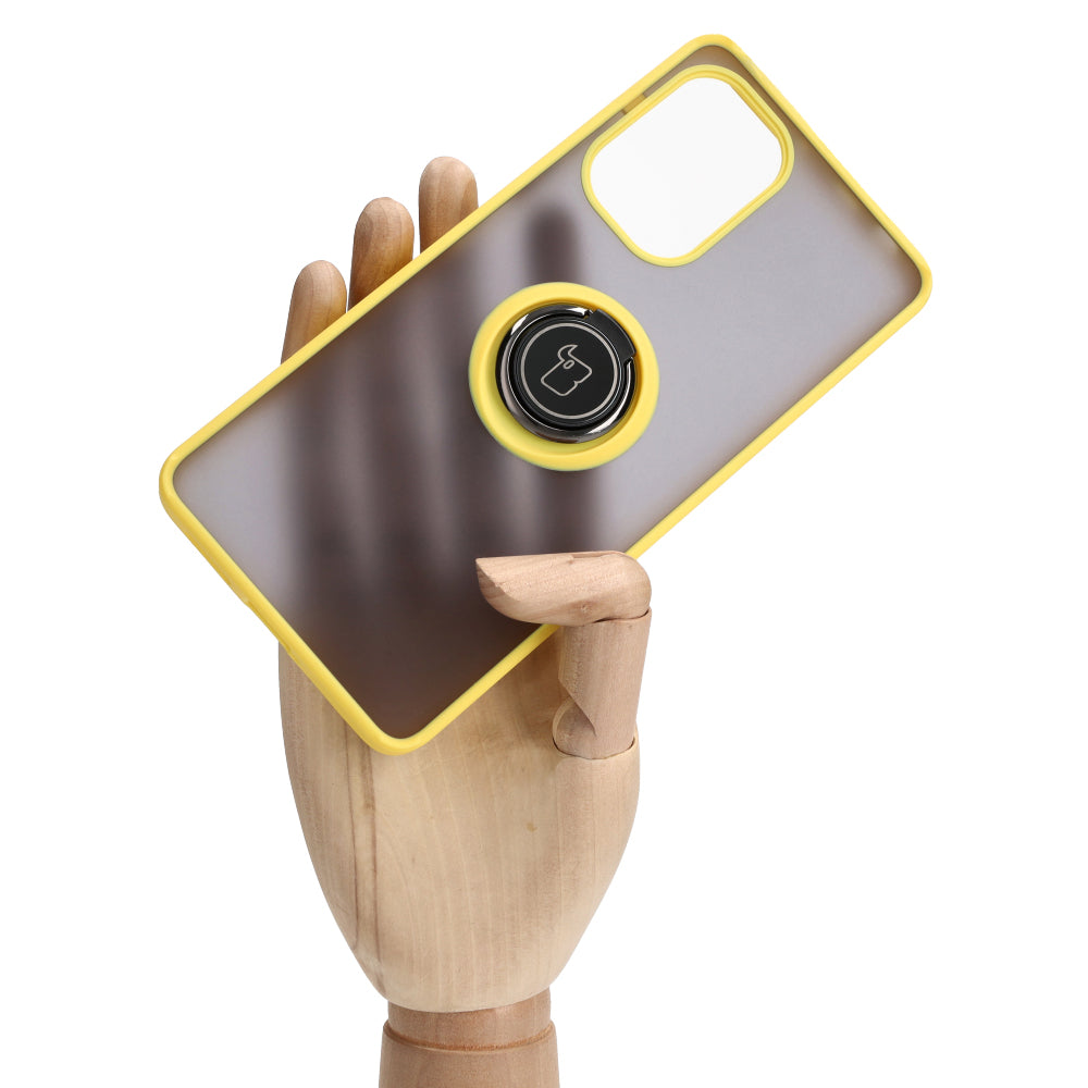 Handyhülle mit Fingergriff für Xiaomi Pocophone F5, Bizon Case Hybrid Ring, getönt mit gelbem Rahmen