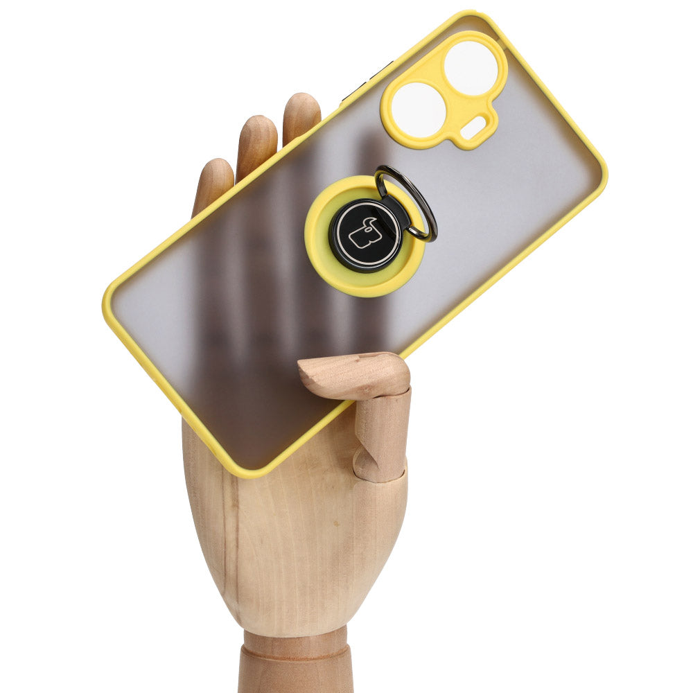 Handyhülle mit Fingergriff für Realme C55, Bizon Case Hybrid Ring, getönt mit gelbem Rahmen
