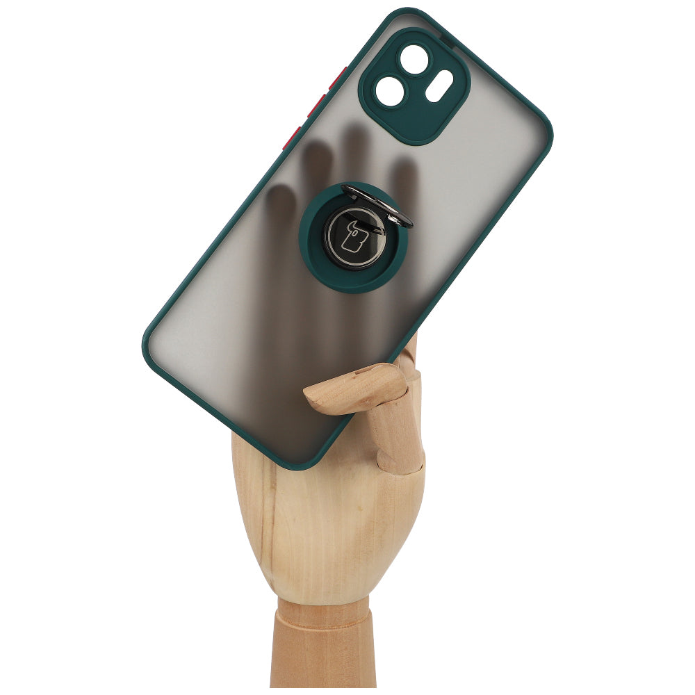 Handyhülle mit Fingergriff für Xiaomi Redmi A1, Bizon Case Hybrid Ring, getönt mit dunkelgrünem Rahmen