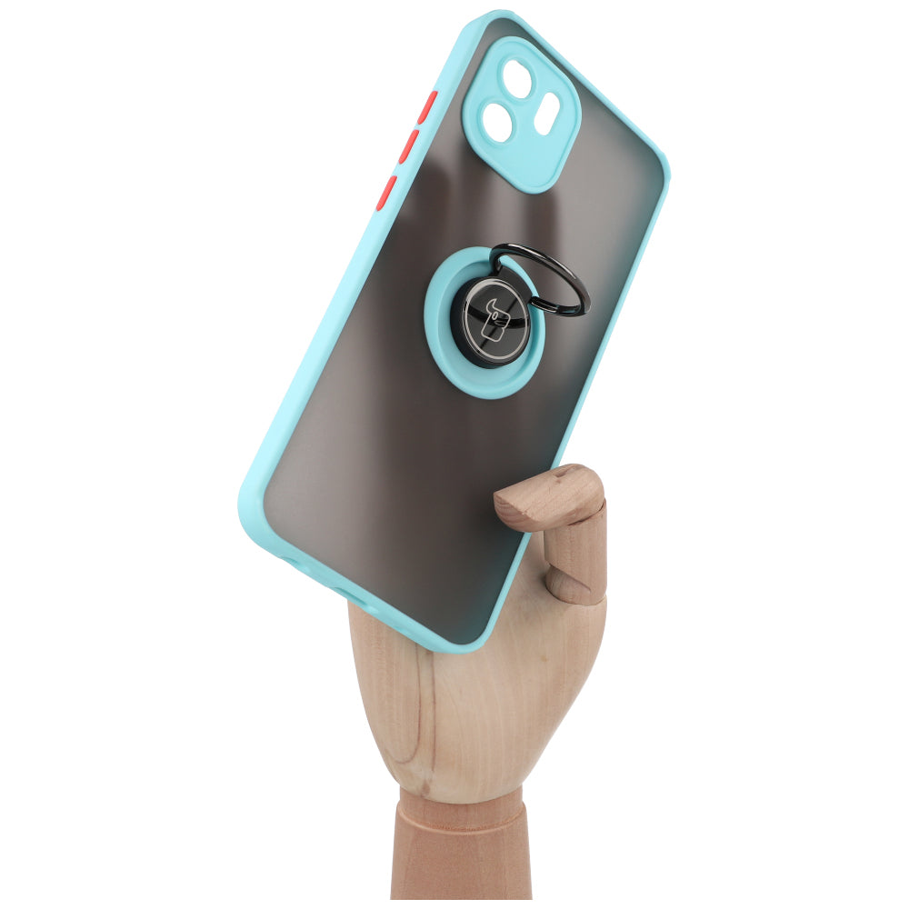 Handyhülle mit Fingergriff für Xiaomi Redmi A1, Bizon Case Hybrid Ring, getönt mit hellblauem Rahmen