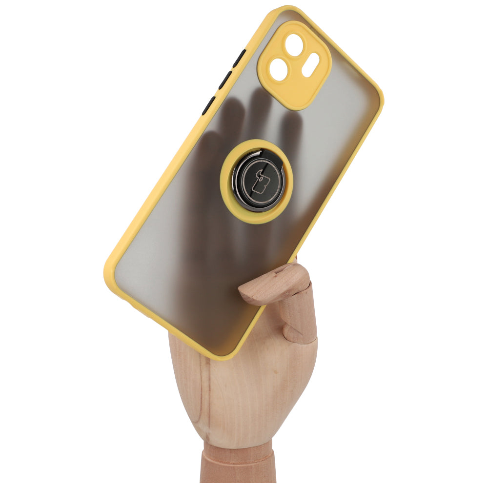 Handyhülle mit Fingergriff für Xiaomi Redmi A1, Bizon Case Hybrid Ring, getönt mit gelbem Rahmen