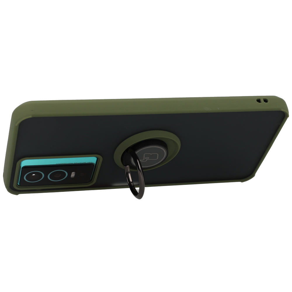 Handyhülle mit Fingergriff für Vivo Y76 5G, Bizon Case Hybrid Ring, getönt mit grünem Rahmen