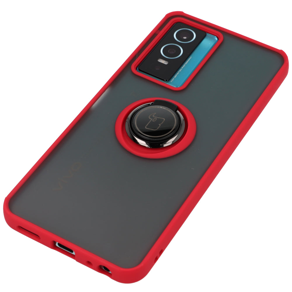 Handyhülle mit Fingergriff für Vivo Y76 5G, Bizon Case Hybrid Ring, getönt mit rotem Rahmen