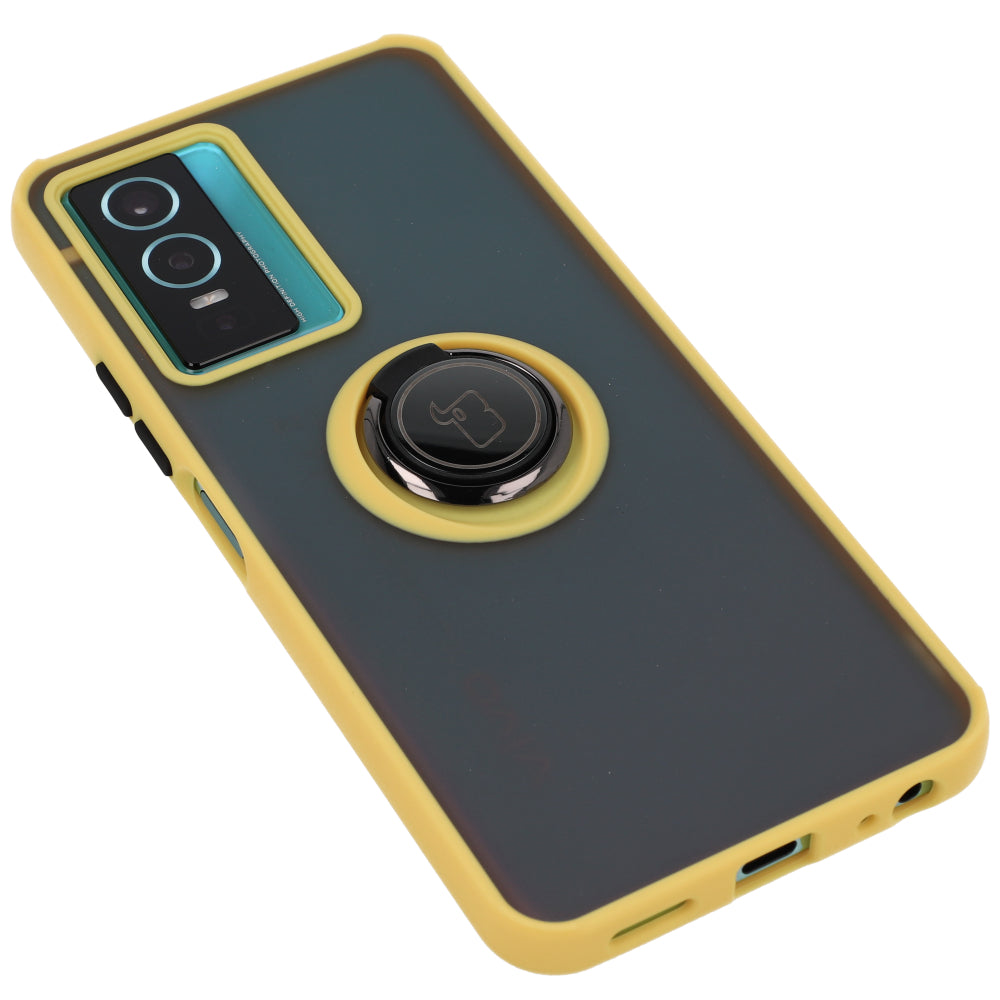 Handyhülle mit Fingergriff für Vivo Y76 5G, Bizon Case Hybrid Ring, getönt mit gelbem Rahmen