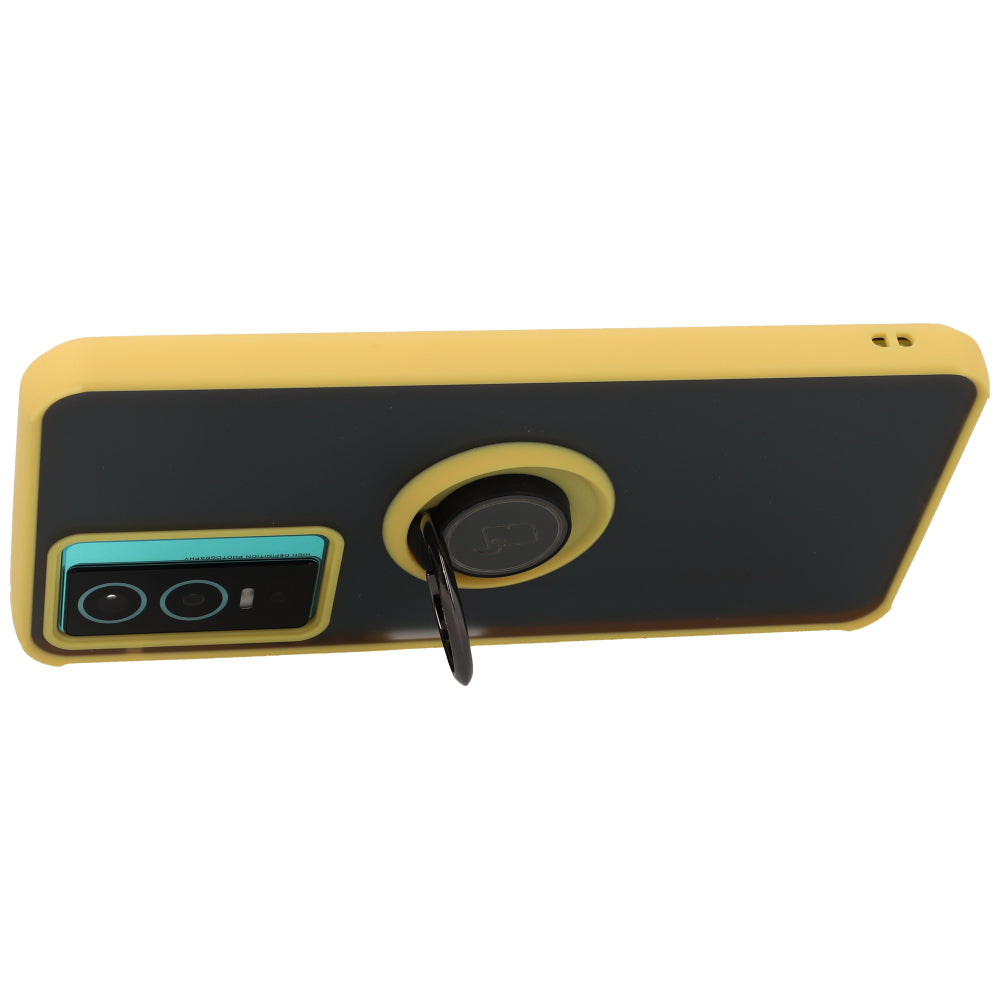 Handyhülle mit Fingergriff für Vivo Y76 5G, Bizon Case Hybrid Ring, getönt mit gelbem Rahmen