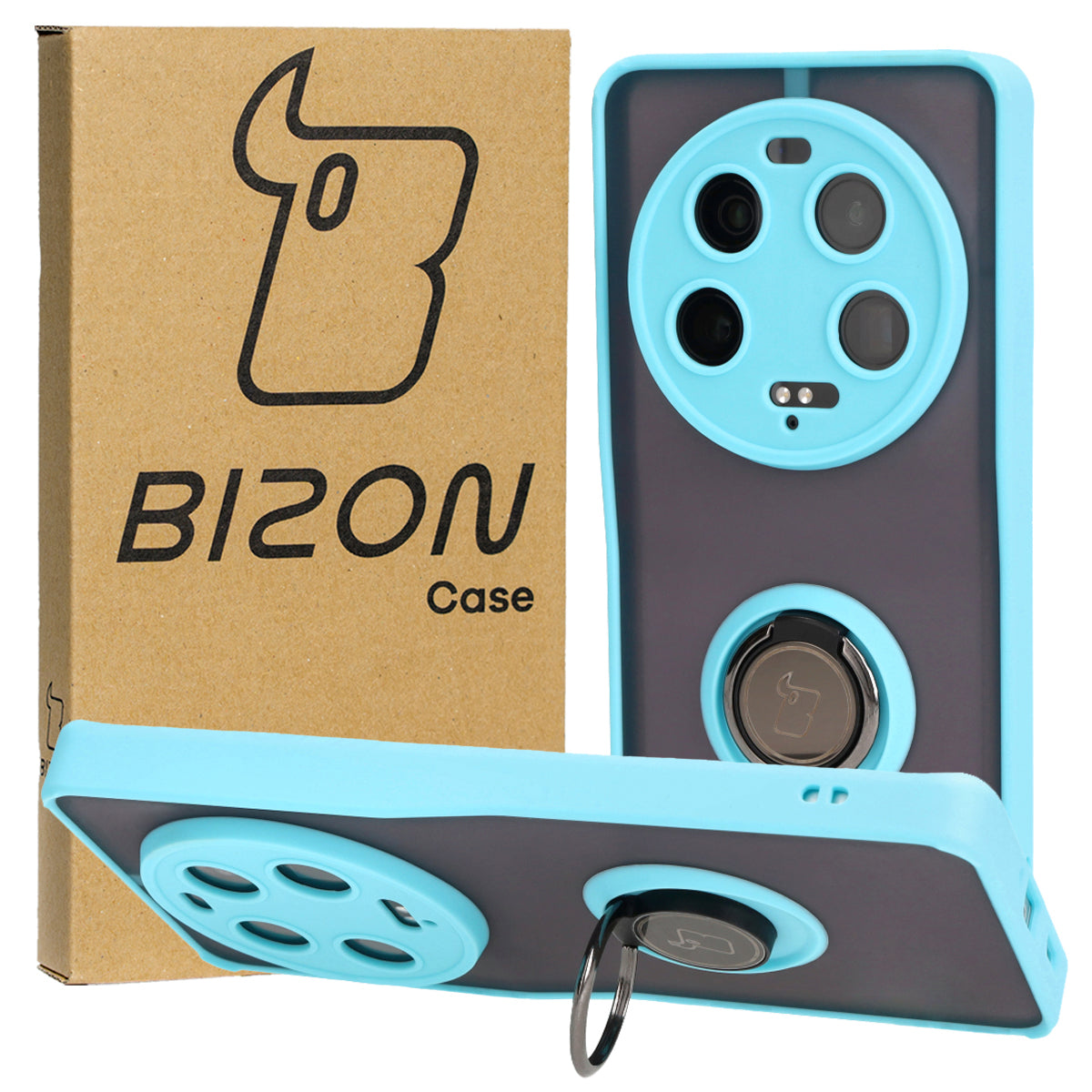 Handyhülle mit Fingergriff für Xiaomi 13 Ultra, Bizon Case Hybrid Ring, getönt mit hellblauem Rahmen