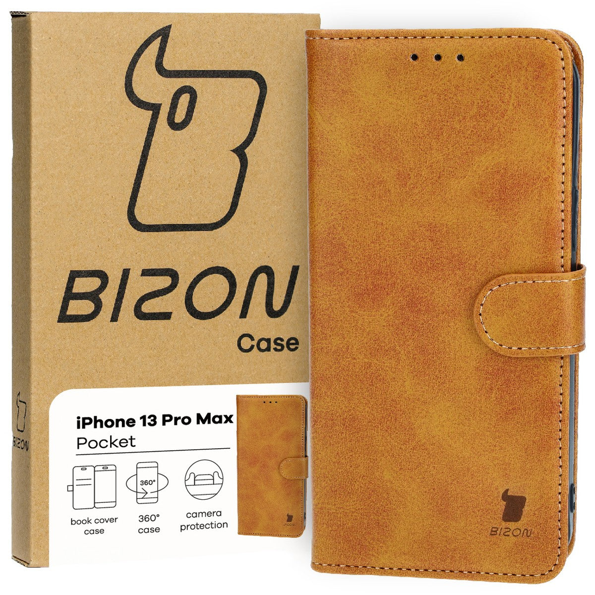 Handyhülle mit Klappe für iPhone 13 Pro Max, Bizon Case Pocket, Braun