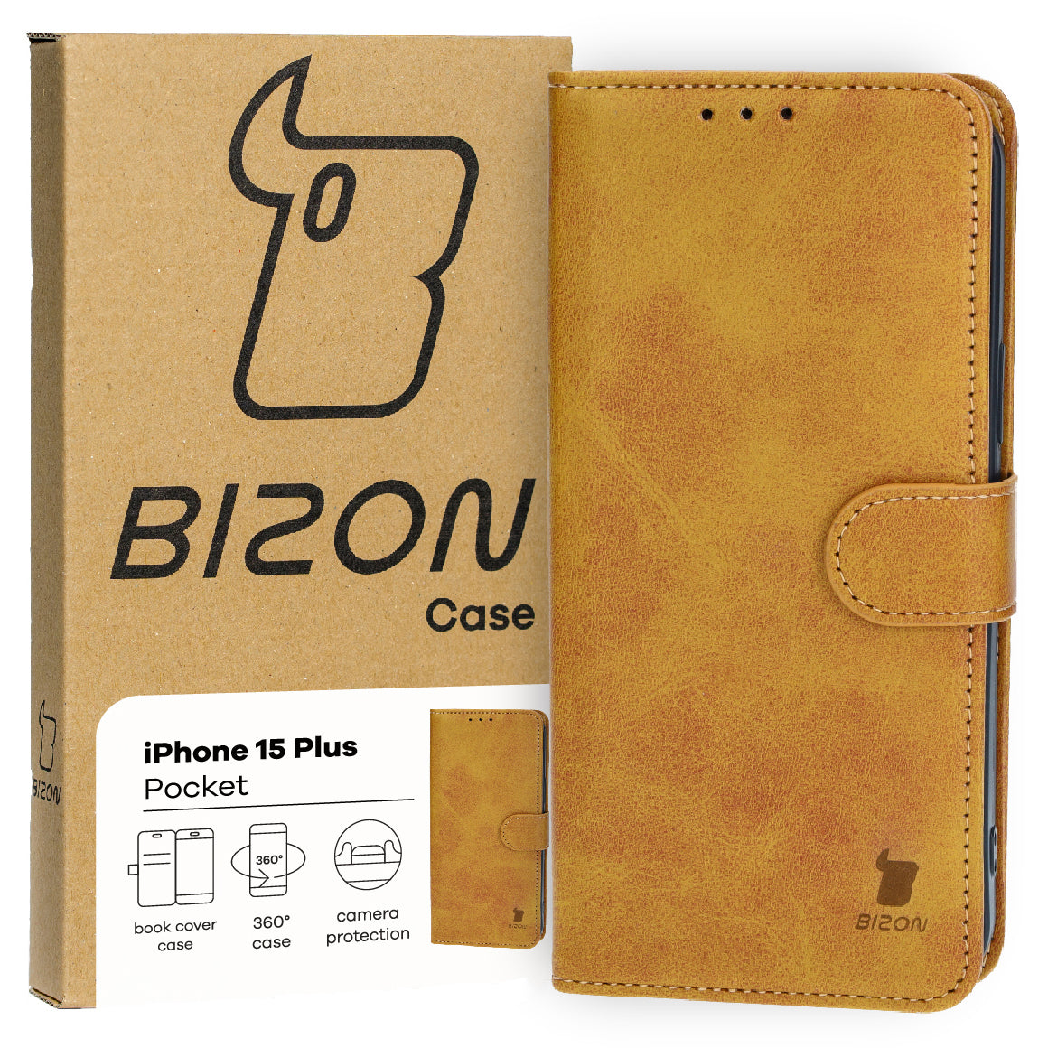 Handyhülle mit Klappe für iPhone 15 Plus, Bizon Case Pocket, Braun