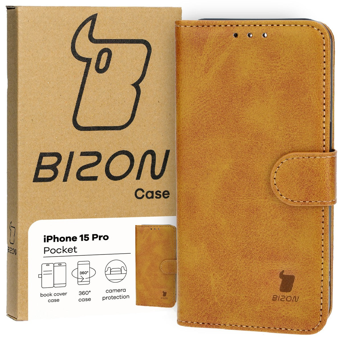 Handyhülle mit Klappe für iPhone 15 Pro, Bizon Case Pocket, Braun