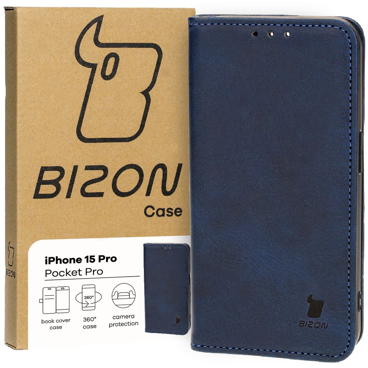 Handyhülle mit Klappe für iPhone 15 Pro, Bizon Case Pocket Pro, Dunkelblau