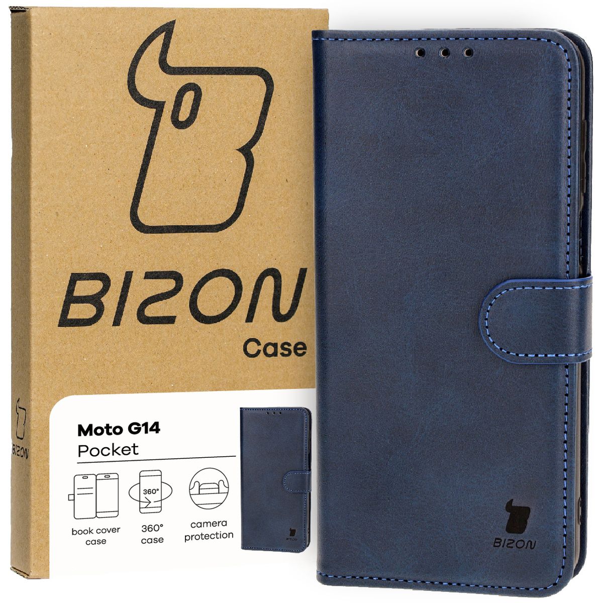 Handyhülle mit Klappe für Motorola Moto G14, Bizon Case Pocket, Dunkelblau