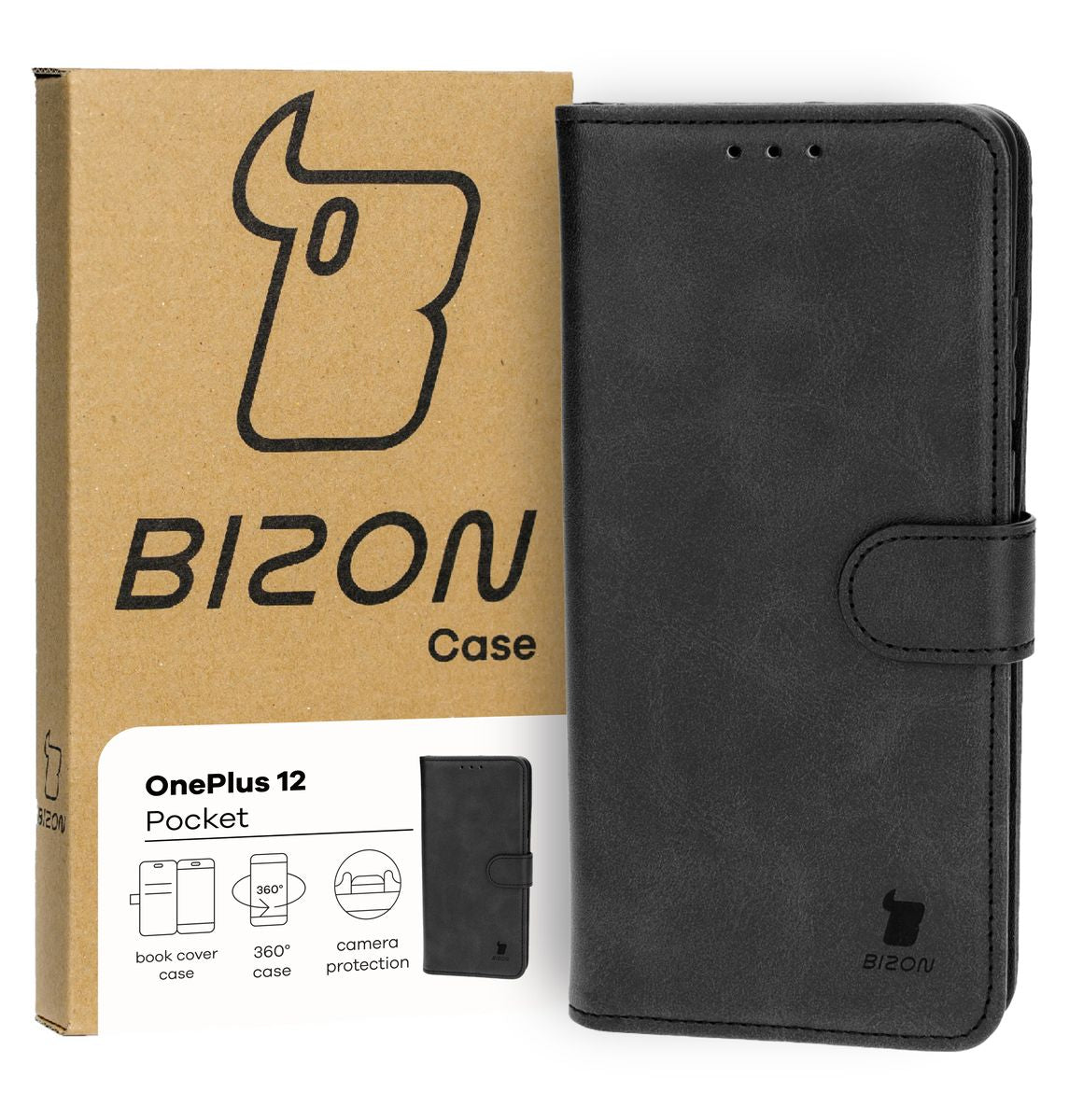 Handyhülle mit Klappe für OnePlus 12, Bizon Case Pocket, Schwarz