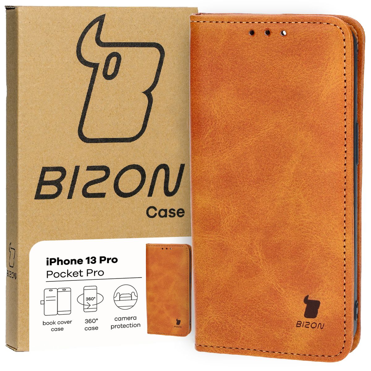 Handyhülle mit Klappe für iPhone 13 Pro, Bizon Case Pocket Pro, Braun