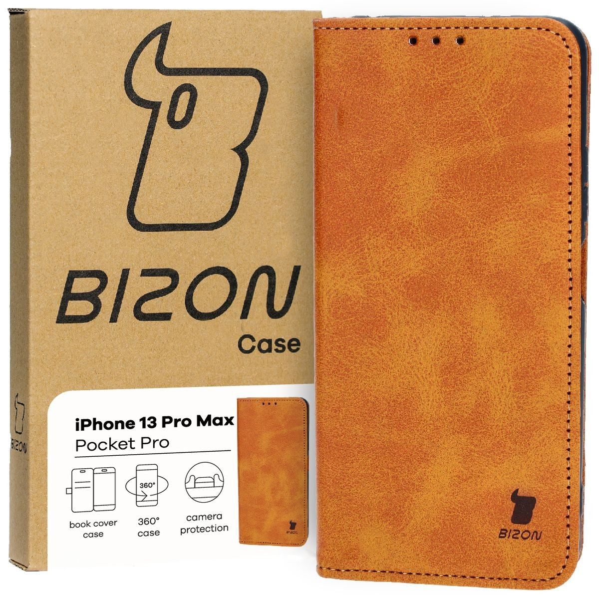 Handyhülle mit Klappe für iPhone 13 Pro Max, Bizon Case Pocket Pro, Braun
