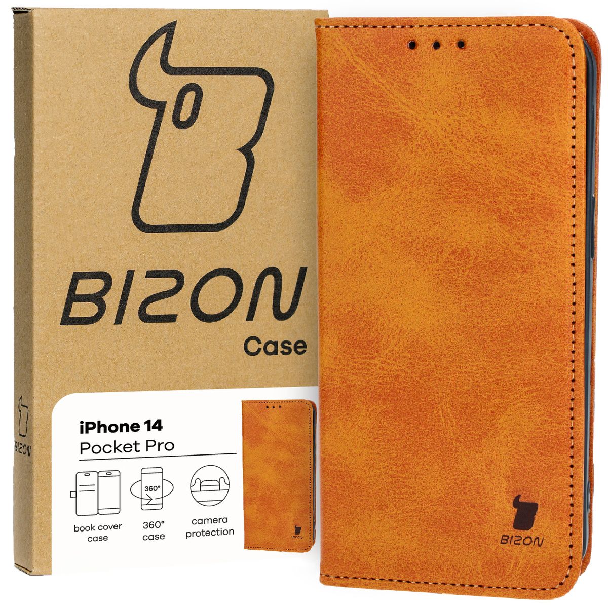 Handyhülle mit Klappe für iPhone 14, Bizon Case Pocket Pro, Braun