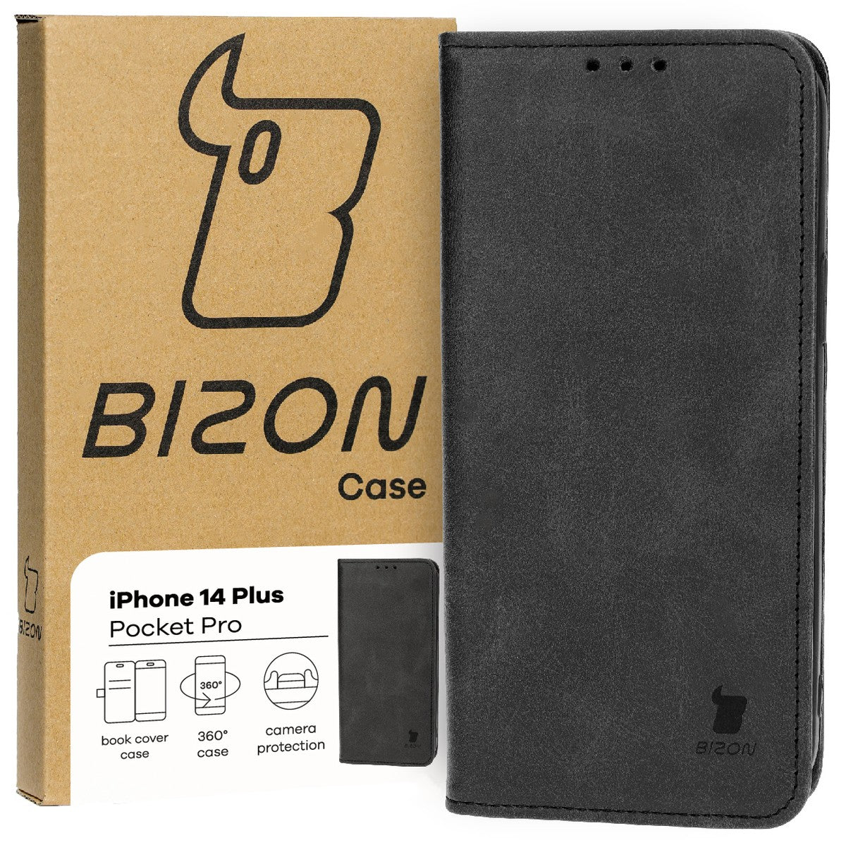 Handyhülle mit Klappe für iPhone 14 Plus, Bizon Case Pocket Pro, Schwarz