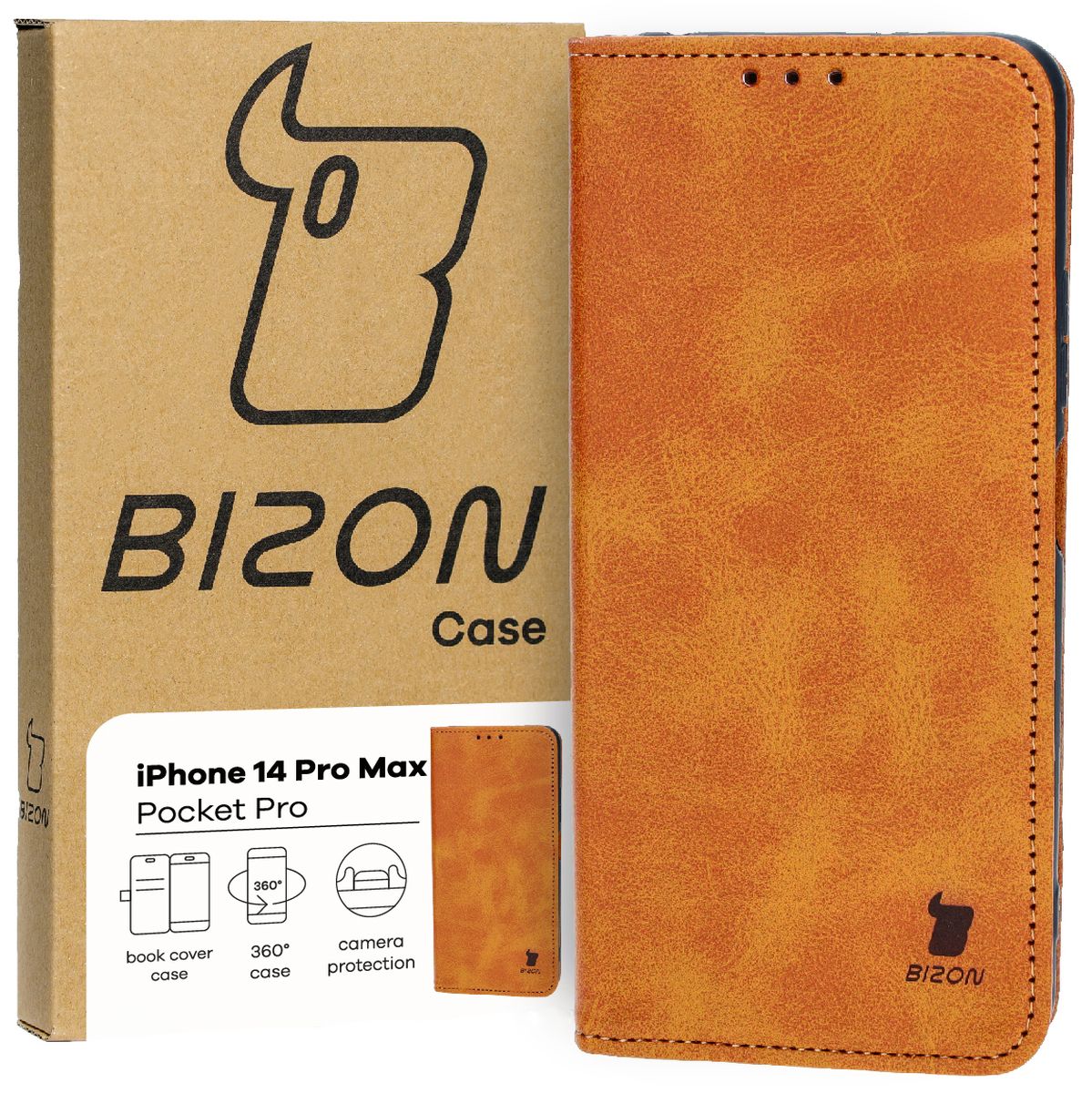 Handyhülle mit Klappe für iPhone 14 Pro Max, Bizon Case Pocket Pro, Braun