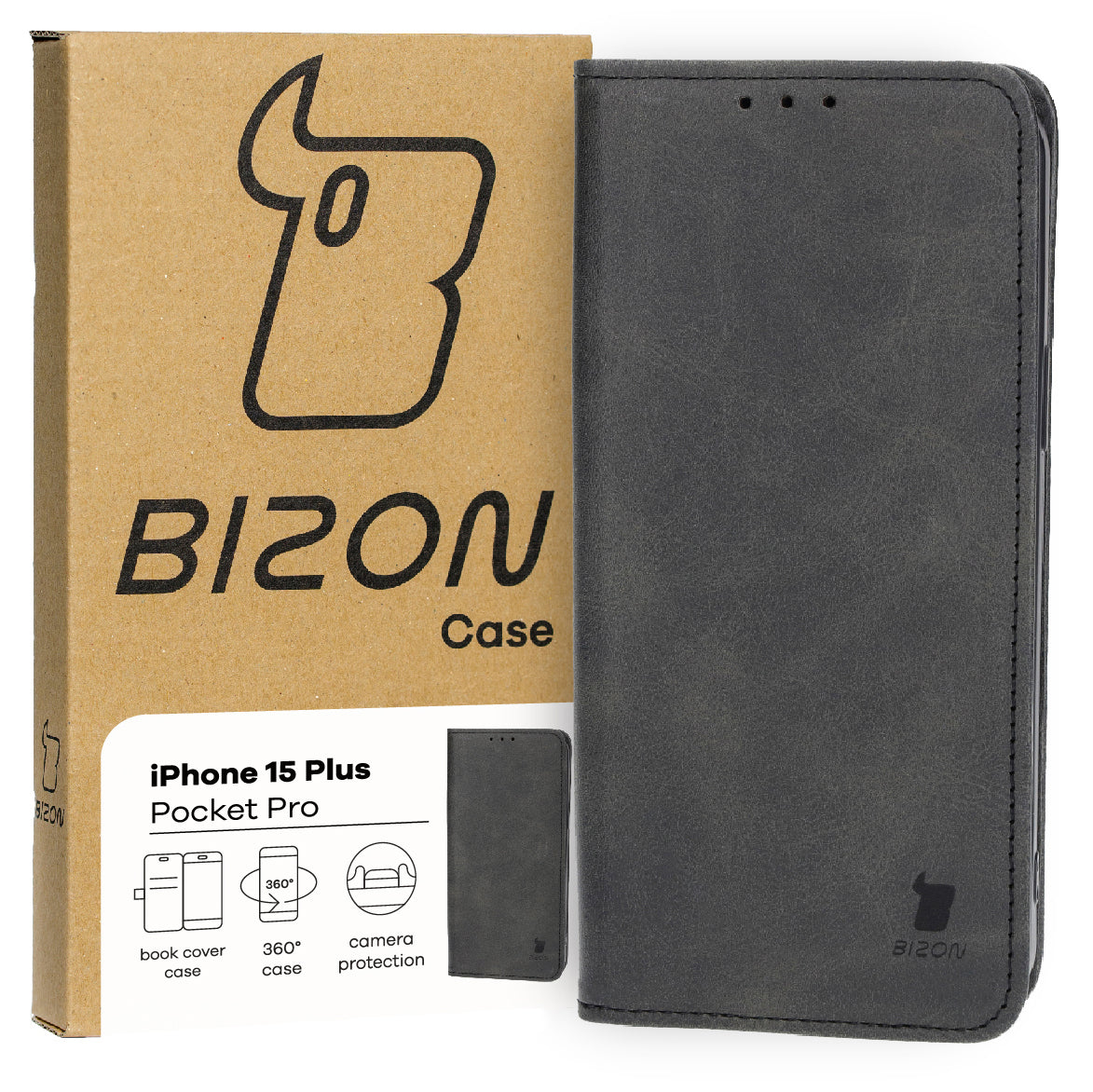 Handyhülle mit Klappe für iPhone 15 Plus, Bizon Case Pocket Pro, Schwarz