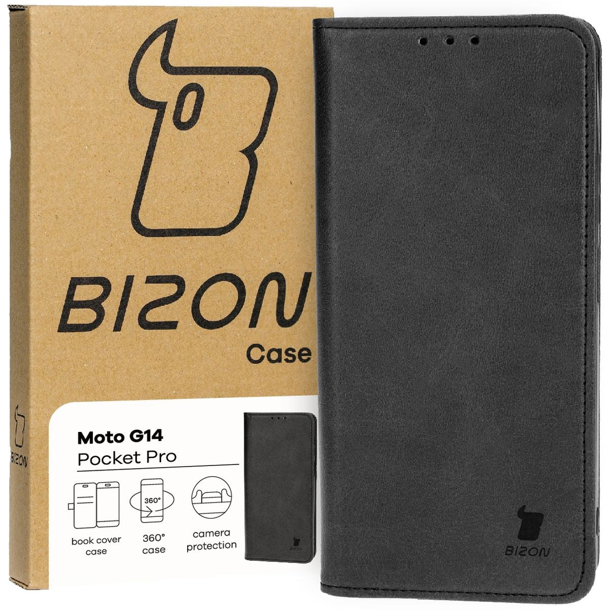 Handyhülle mit Klappe für Motorola Moto G14, Bizon Case Pocket Pro, Schwarz