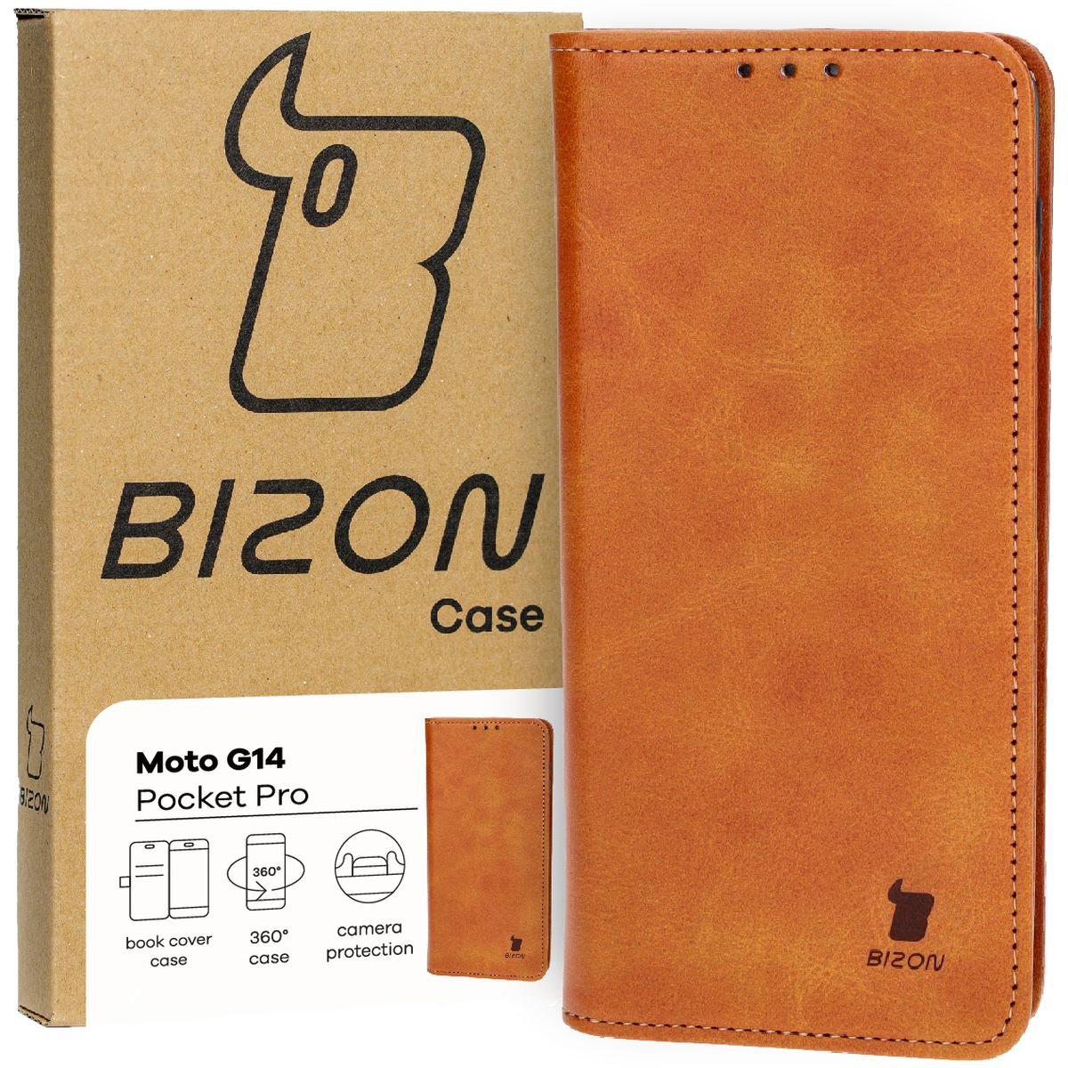 Handyhülle mit Klappe für Motorola Moto G14, Bizon Case Pocket Pro, Braun