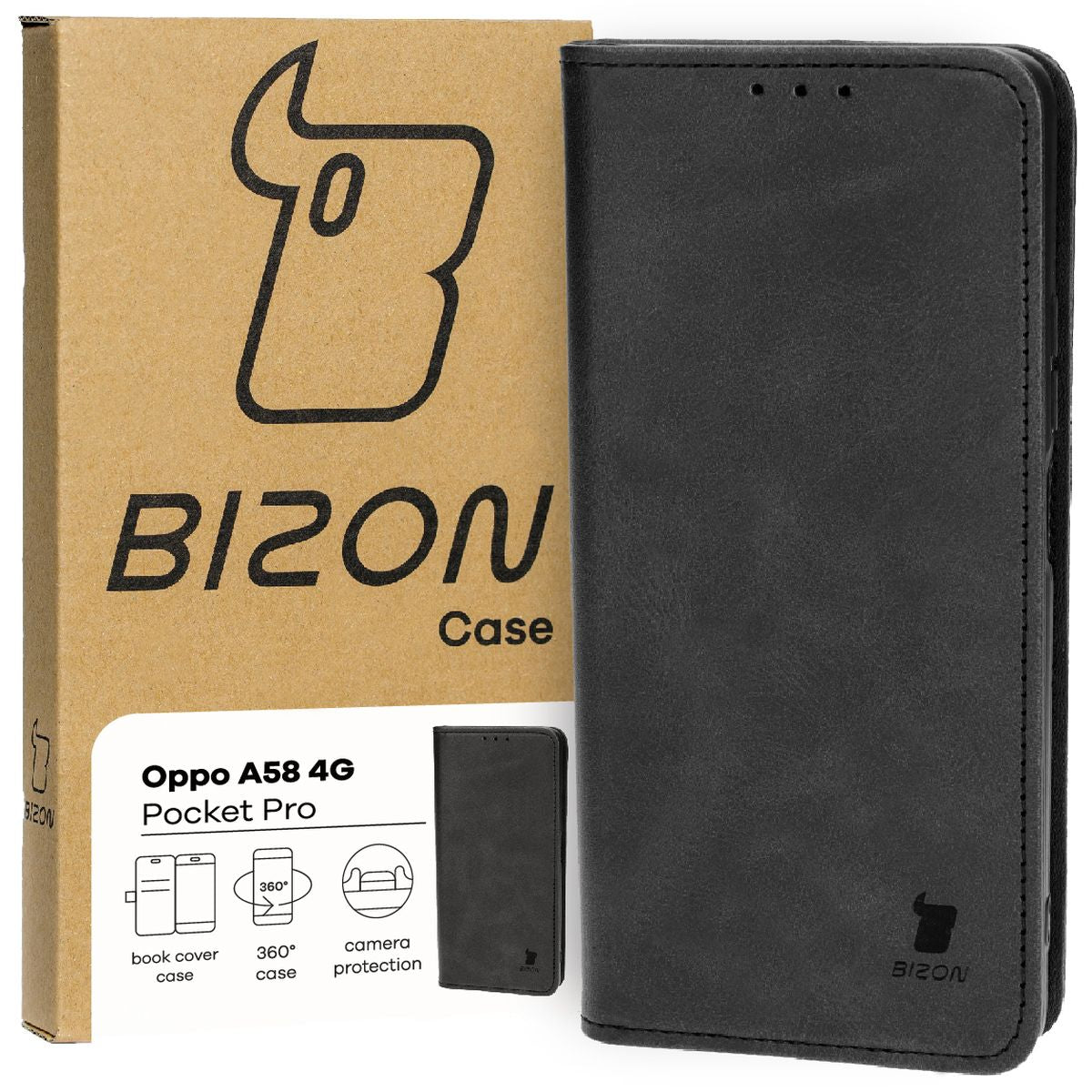 Handyhülle mit Klappe für Oppo A58 4G, Bizon Case Pocket Pro, Schwarz