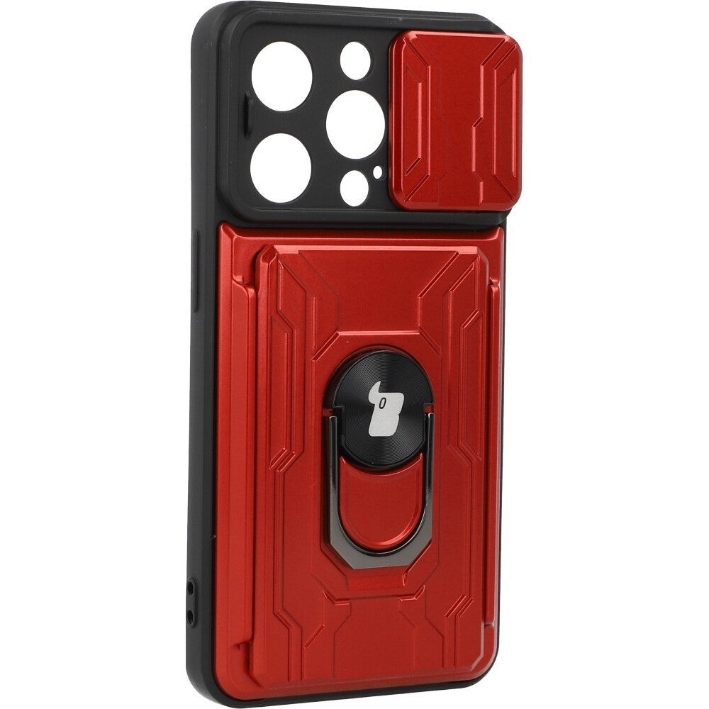 Schutzhülle Bizon Case CamShield Card Slot Ring für iPhone 14 Pro, Rot