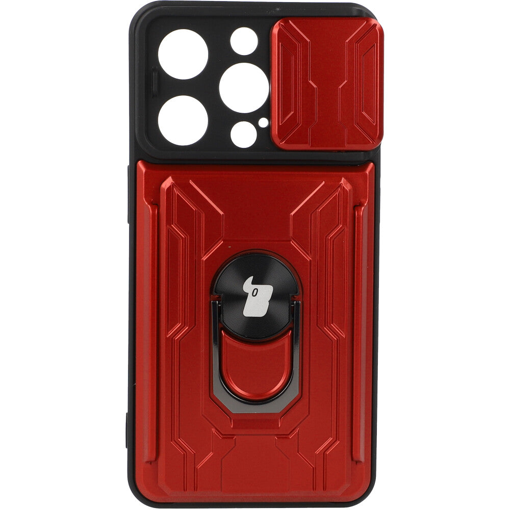 Schutzhülle Bizon Case CamShield Card Slot Ring für iPhone 14 Pro, Rot
