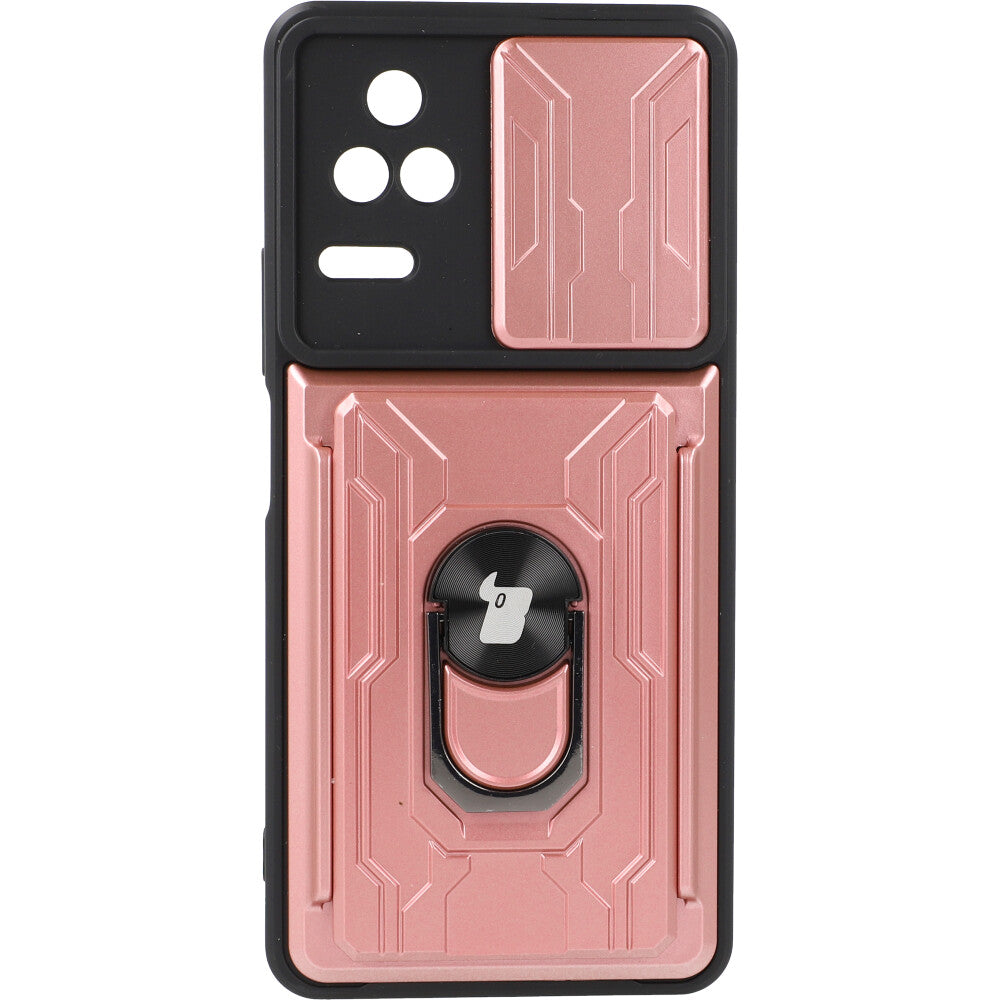 Schutzhülle Bizon Case CamShield Card Slot Ring für Xiaomi Poco F4 5G, Rosa