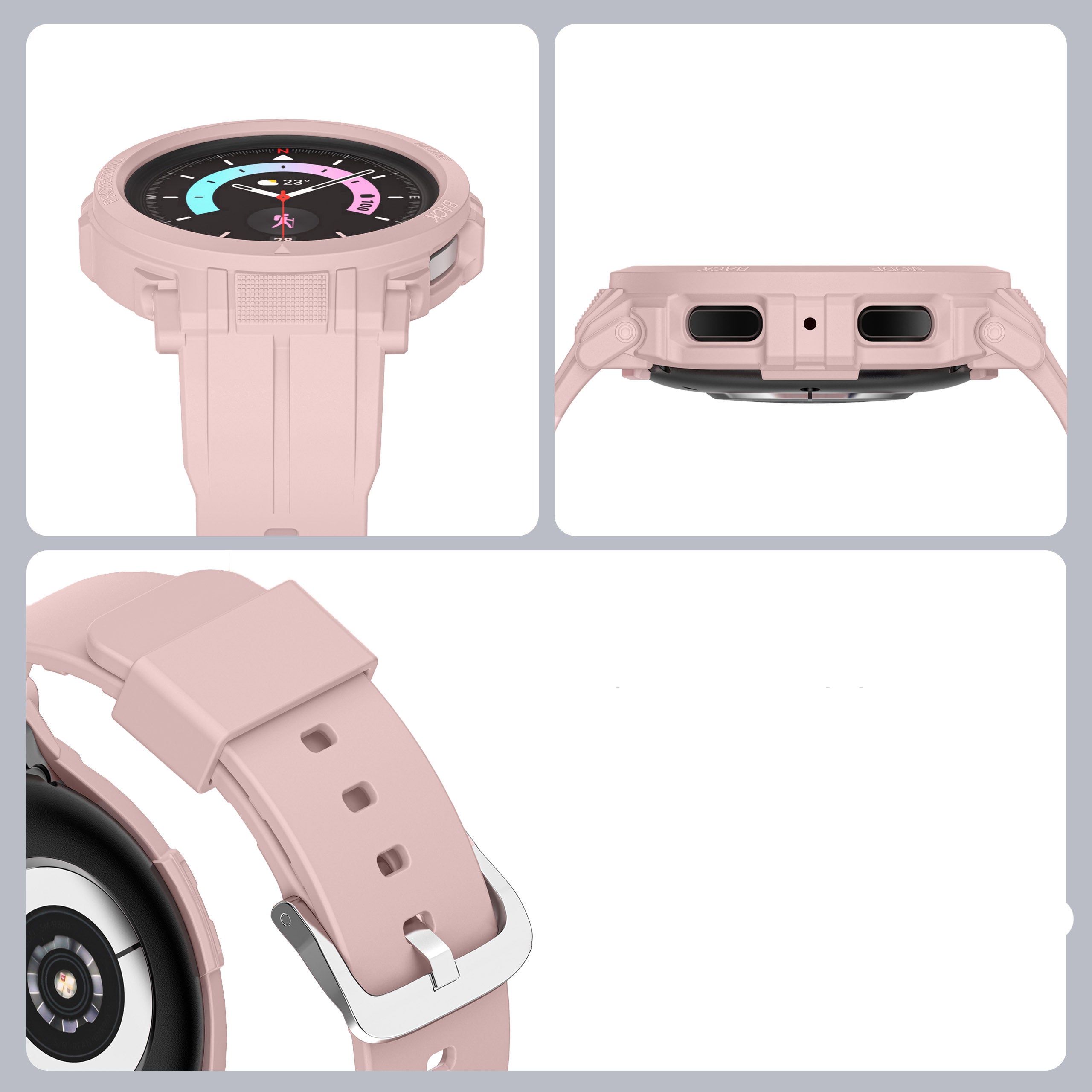 Schutzhülle mit Armband Bizon Strap + Case Watch Action Pro für Galaxy Watch 5 Pro 45 mm, Hellrosa