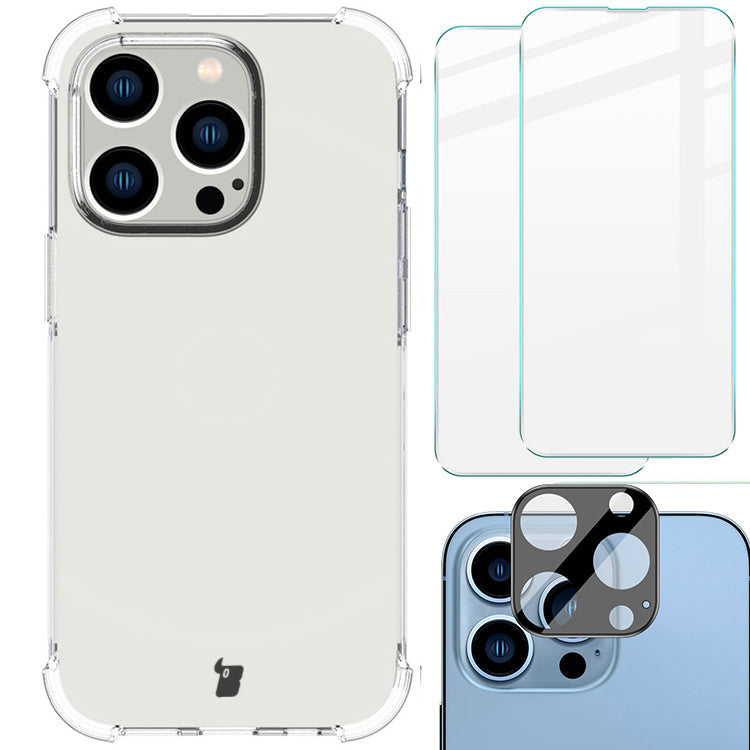 Schutzhülle + 2x Glas + Kameraschutz Bizon Case Clear Pack für iPhone 14 Pro, Transparent