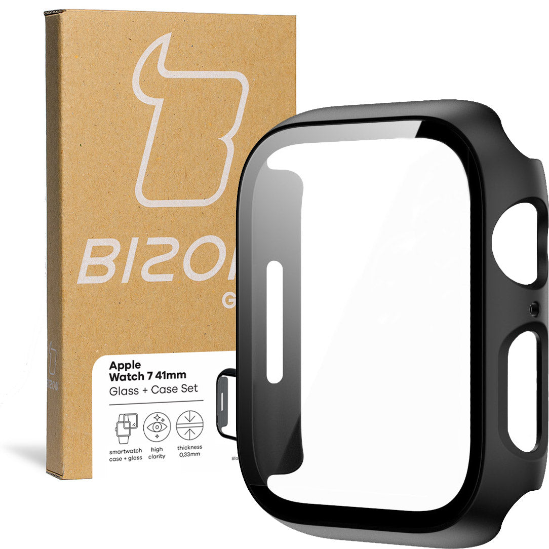 Bizon Case, Schutzhülle + Glas Set für Apple Watch 41 mm, schwarz