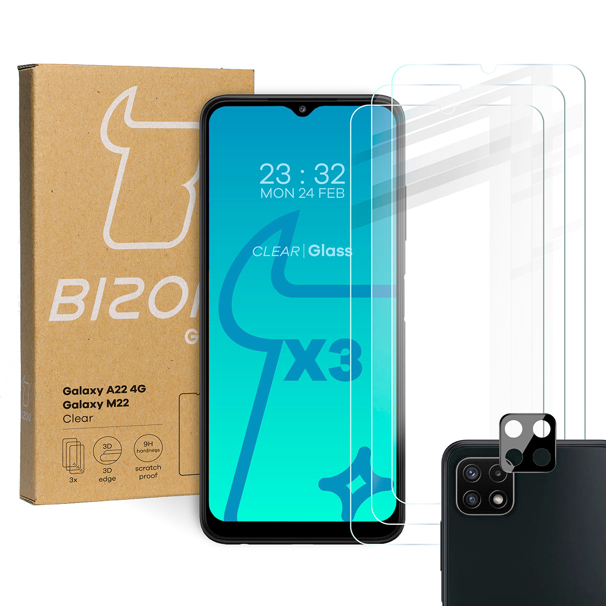 Gehärtetes Glas Bizon Glass Clear - 3 Stück + Kameraschutz, Galaxy M22 / A22 4G