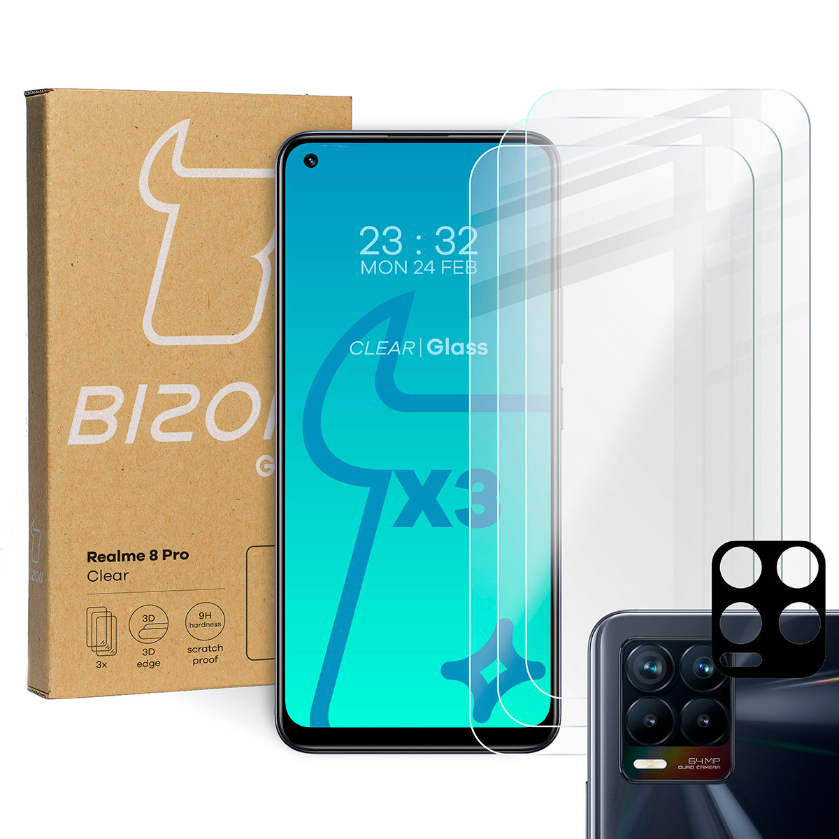 Gehärtetes Glas Bizon Glass Clear - 3 Stück + Kameraschutz für Realme 8 Pro