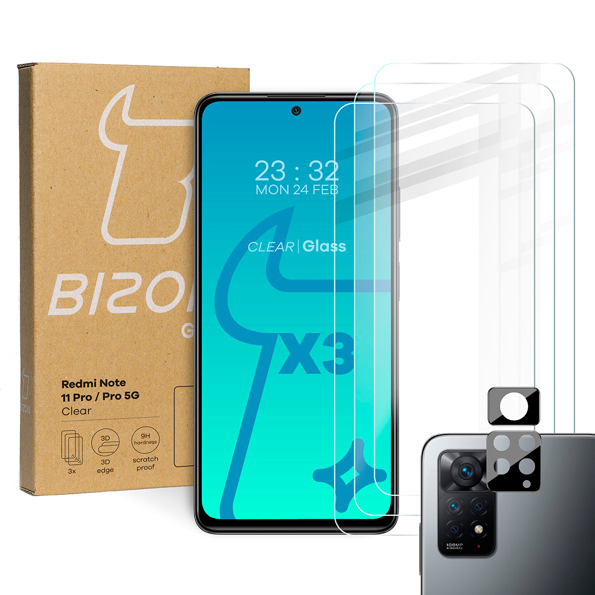Gehärtetes Glas Bizon Glass Clear - 3 Stück + Kameraschutz für Redmi Note 11 Pro/ Pro 5G