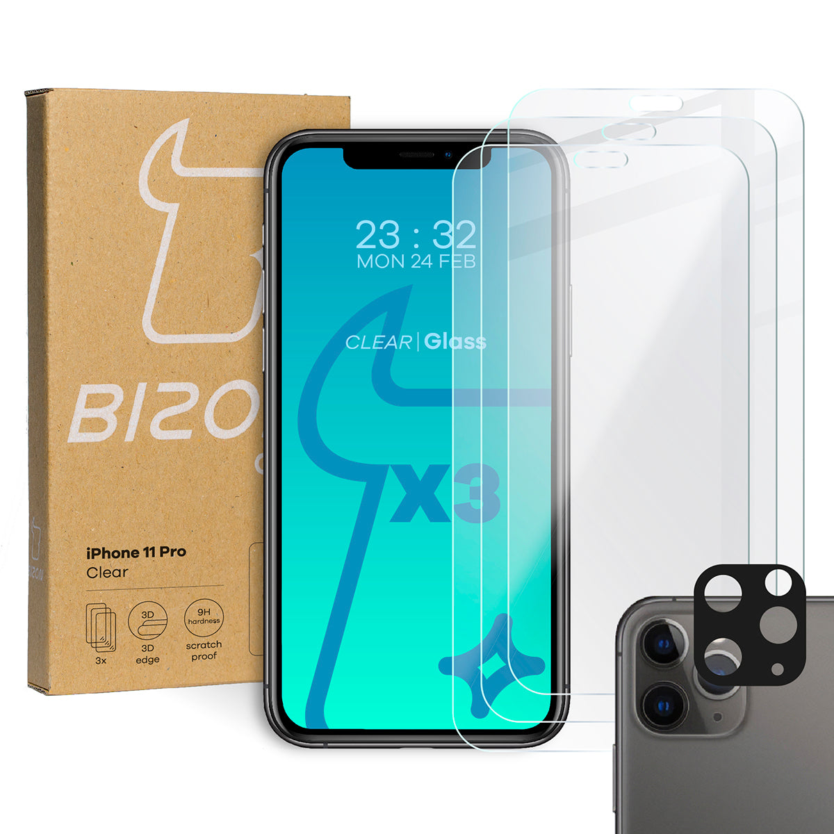 Gehärtetes Glas Bizon Glass Clear - 3 Stück + Kameraschutz für iPhone 11 Pro