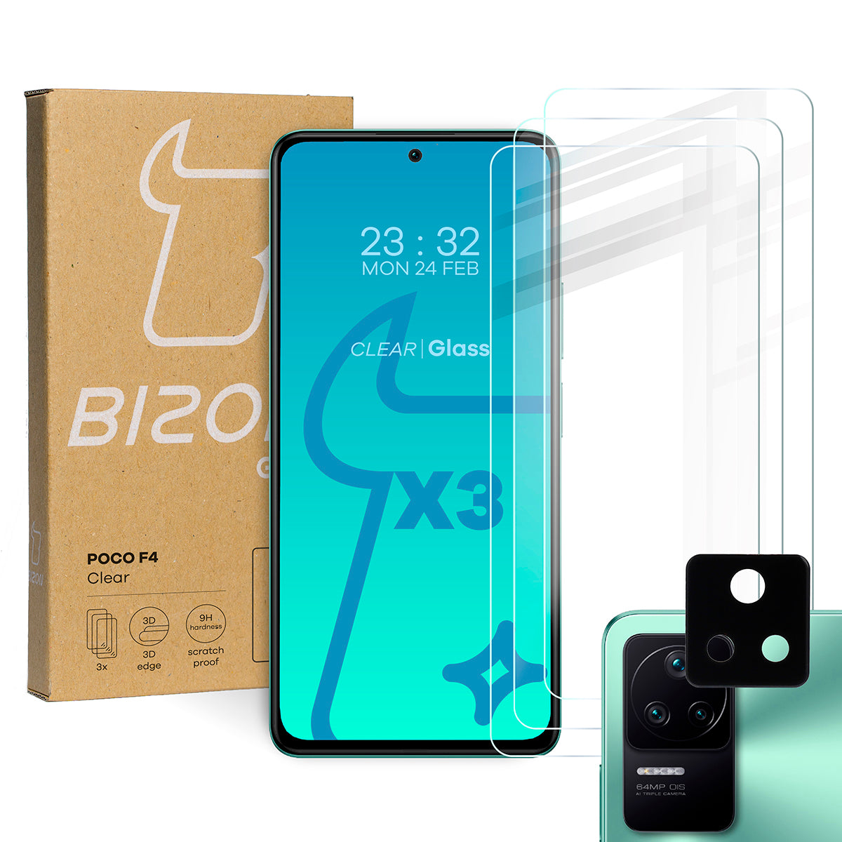 Gehärtetes Glas Bizon Glass Clear - 3 Stück + Kameraschutz für Xiaomi Poco F4