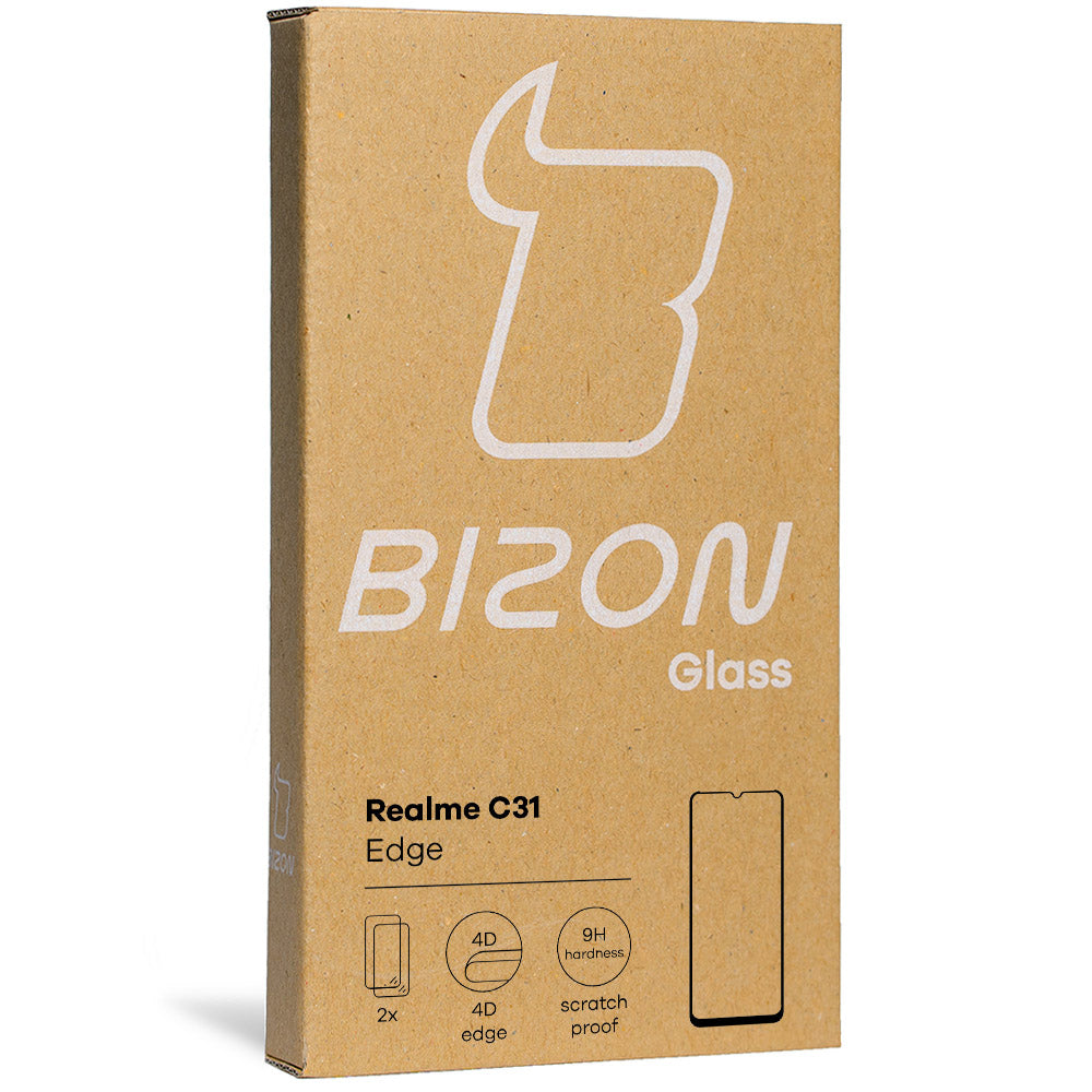 Gehärtetes Glas Bizon Glass Edge - 2 Stück + Kameraschutz für Realme C31, Schwarz