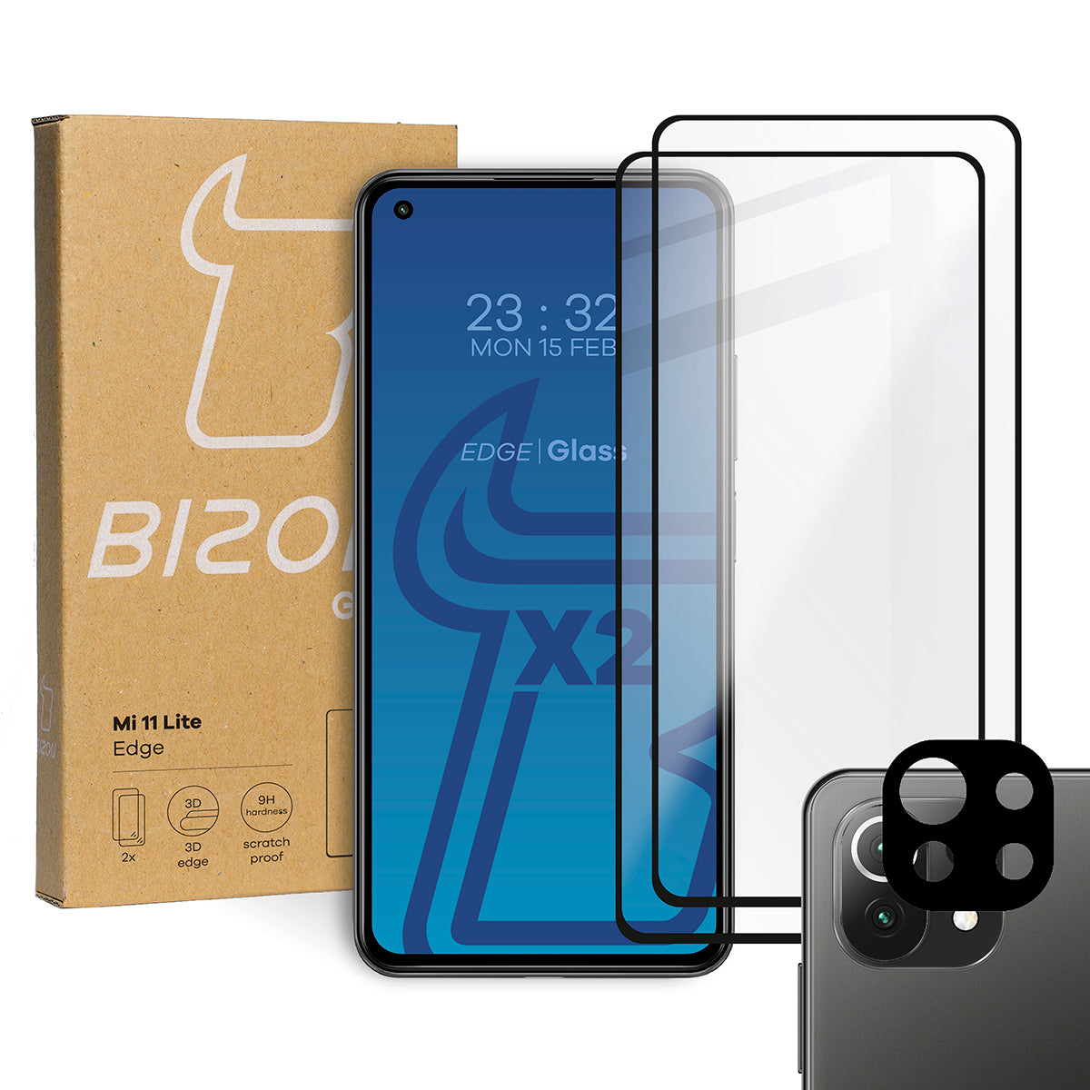 Gehärtetes Glas Bizon Glass Edge - 2 Stück + Kameraschutz für Xiaomi Mi 11 Lite / 5G / 5G NE, Schwarz