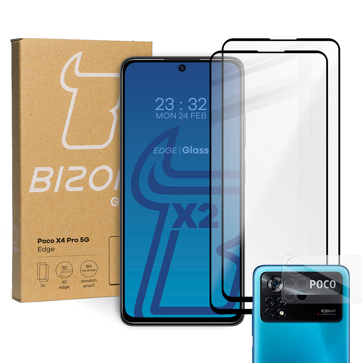 Gehärtetes Glas Bizon Glass Edge - 2 Stück + Kameraschutz für Poco X4 Pro 5G, Schwarz