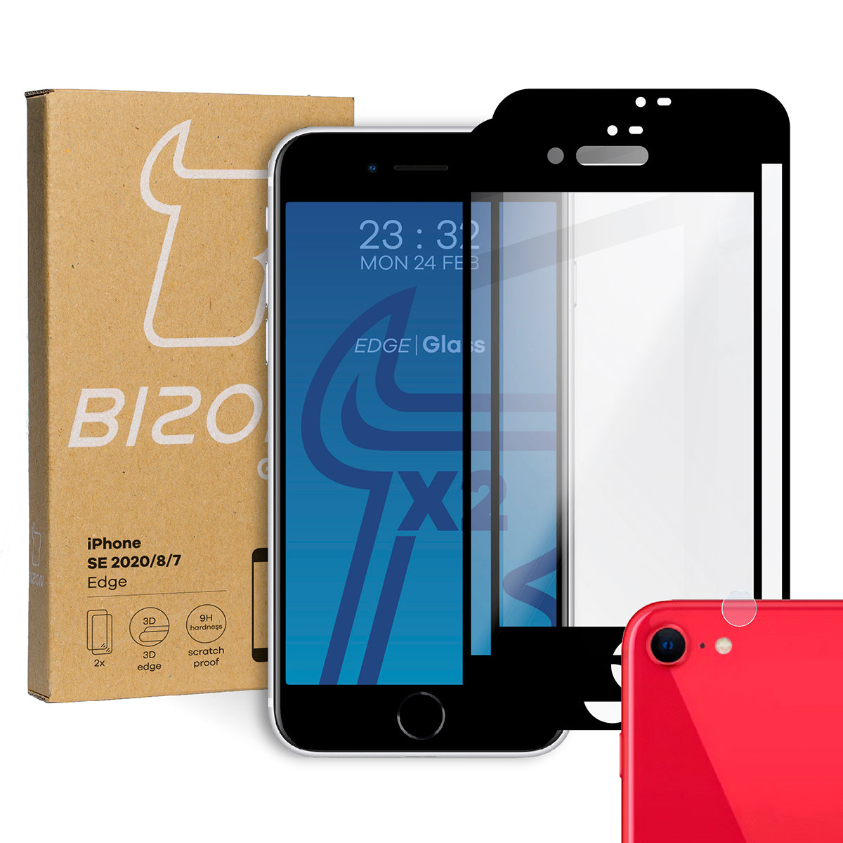 Gehärtetes Glas Bizon Glass Edge - 2 Stück + Kameraschutz für iPhone SE 2022/2020, 8/7, schwarzer Rahmen