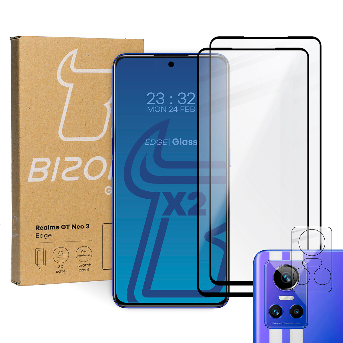 Gehärtetes Glas - 2 Stück + Kameraschutz für Realme GT Neo 3, Bizon Glass Edge Pack, Schwarz
