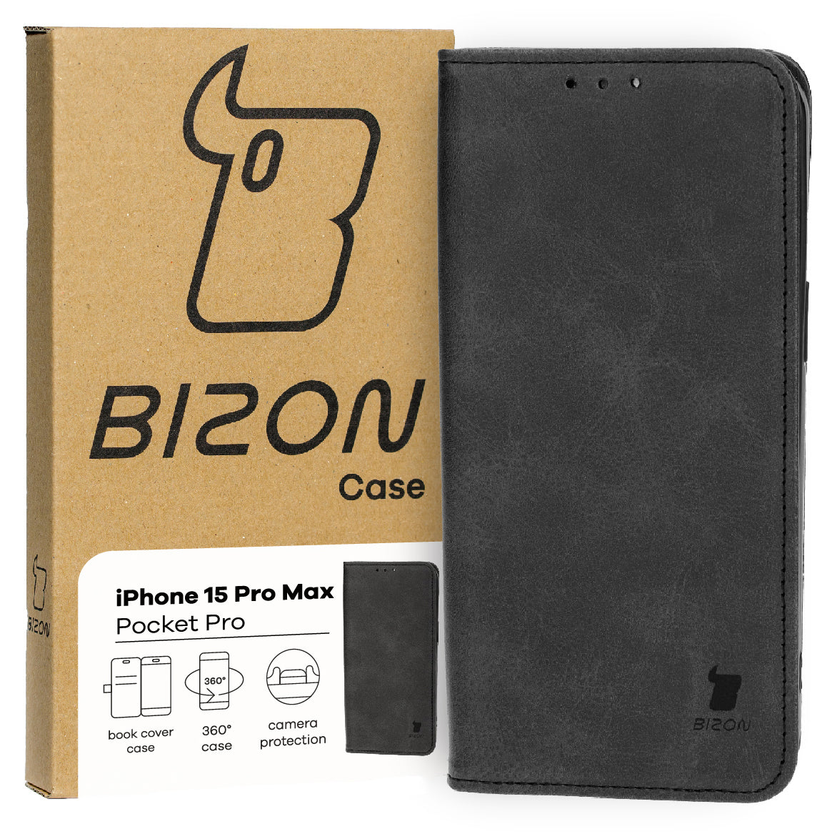 Handyhülle mit Klappe für iPhone 15 Pro Max, Bizon Case Pocket Pro, Schwarz