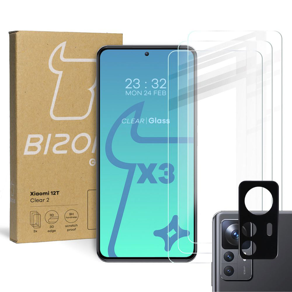 Gehärtetes Glas Bizon Glass Clear - 3 Stück + Kameraschutz, Xiaomi 12T