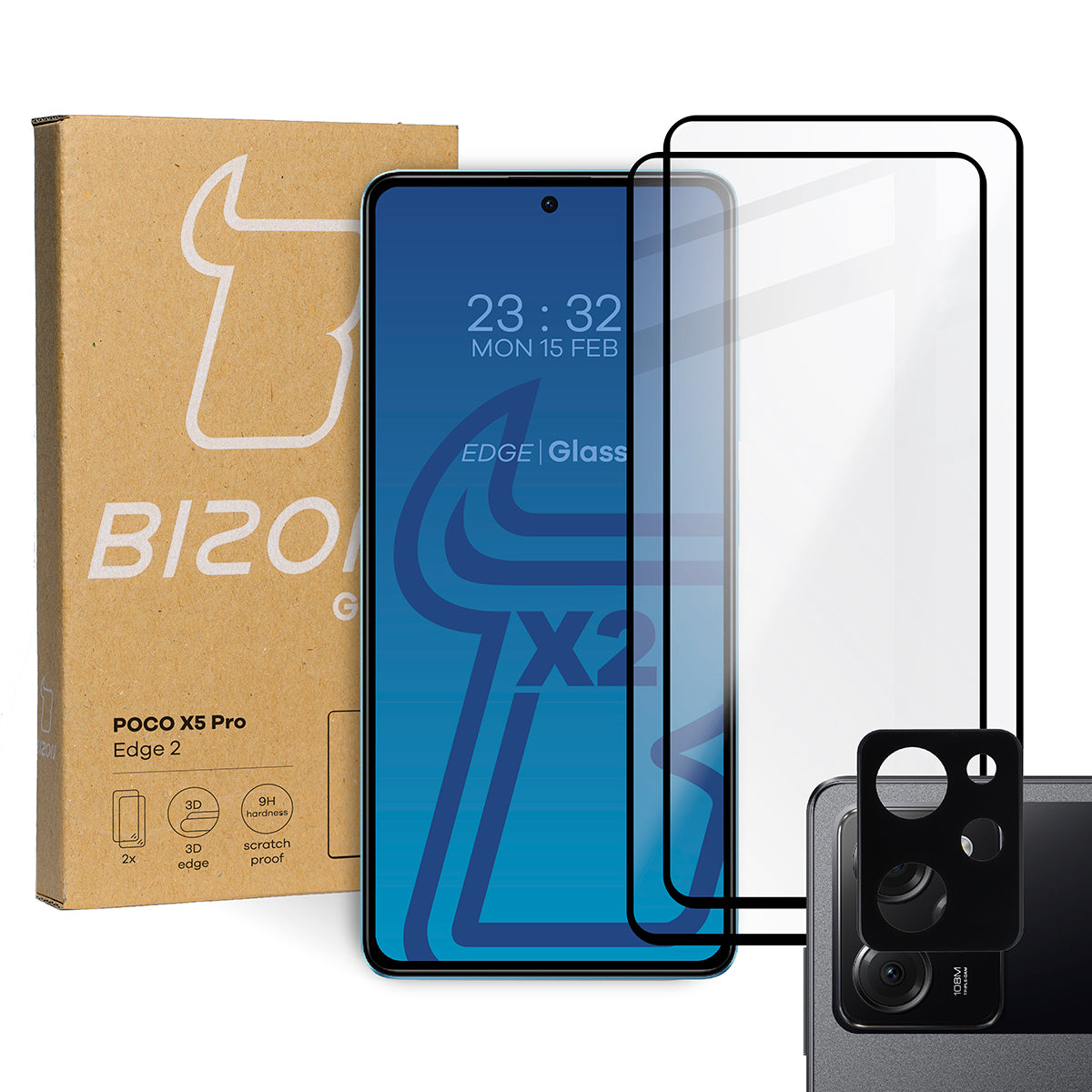 Gehärtetes Glas Bizon Glass Edge 2 - 2 Stück + Kameraschutz für Poco X5 Pro, Schwarz