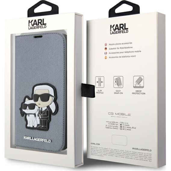 Schutzhülle Karl Lagerfeld Bookcase Saffiano Karl and Choupette für iPhone 14 Pro, Grau