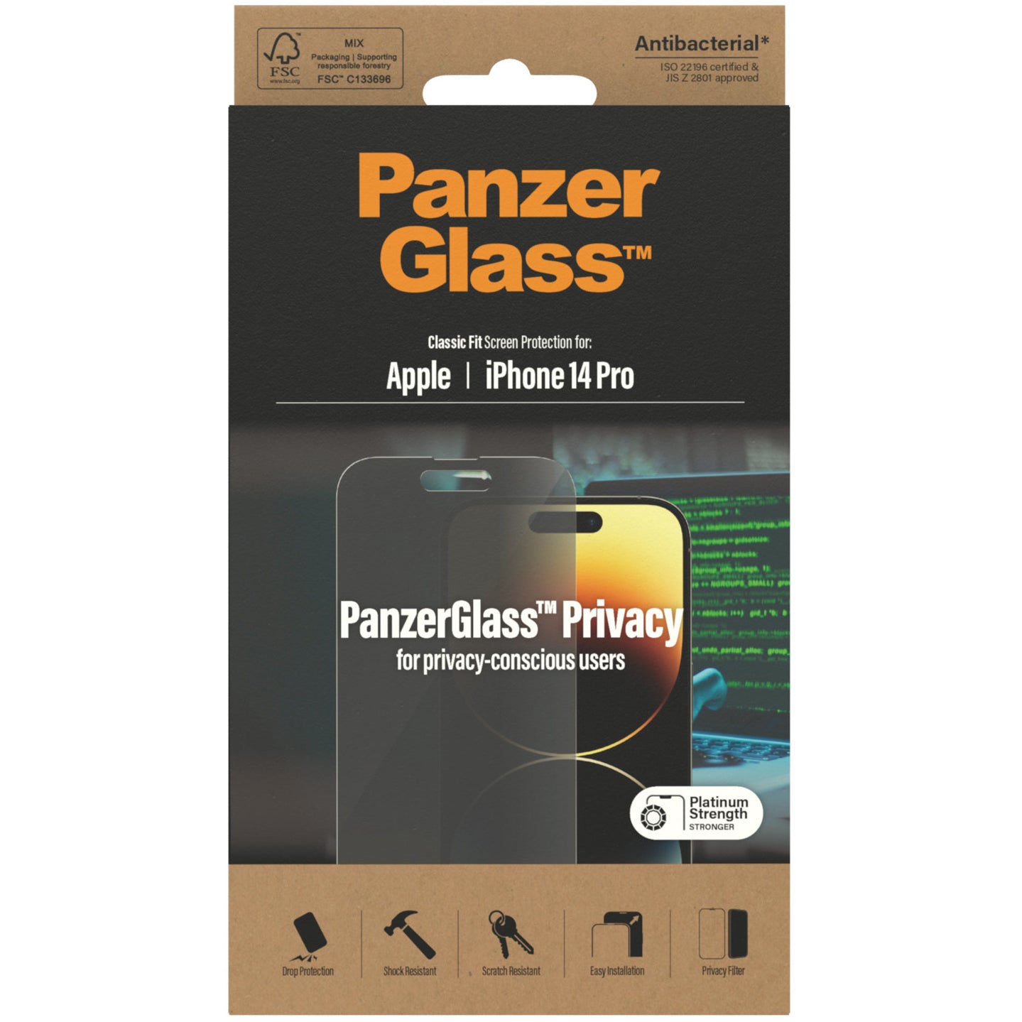 Gehärtetes Glas PanzerGlass Classic Fit Privacy für iPhone 14 Pro, Getönte