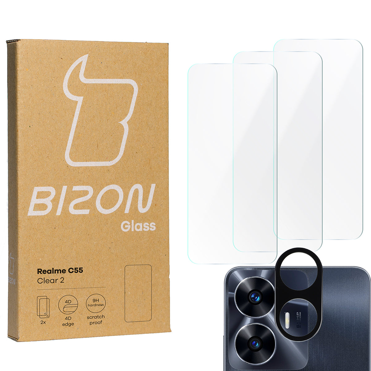 Gehärtetes Glas Bizon Glass Clear 2 - 3 Stück + Kameraschutz, Realme C55
