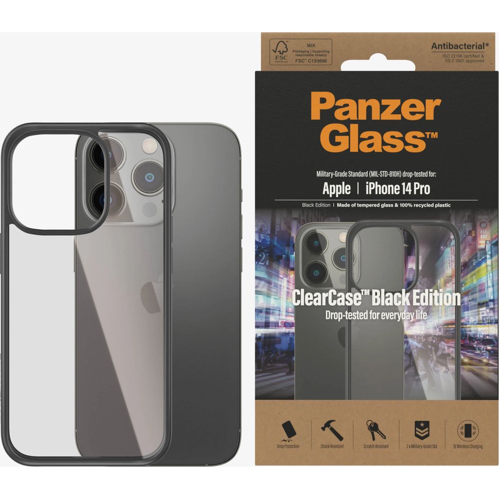 Antibakterielle Schutzhülle PanzerGlass ClearCase für iPhone 14 Pro, Schwarzer Rahmen